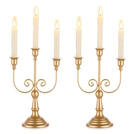 Romadedi Candelabra Gold Candle Holders - 3 Arm 11.8" Wedding Candlestick Holder for Theme Party Table Centrepiece Decor Dining Room Birthday Holiday Christmas, Set of 2