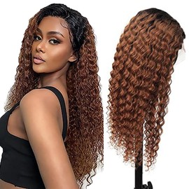 Weeybay 4x4 Curly Lace Front Wigs 1B/30 Black Root Light Brown Human Hair Wig 8A Glueless Baby Hair Ombre Brown Color for Women 26 Inch