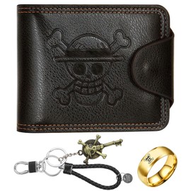LbsAMP Leather Anime Wallet with Keychain and Skull Ring, Black and gold, Modern