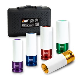 EWK 5 PCS 1/2 inch Drive 15 17 19 21 22 mm Lug Nut Impact Socket Set, Non-Marring Thin Wall Wheel Rim Protector Sockets with Colored Protective Covers, CR-MO, Mertic