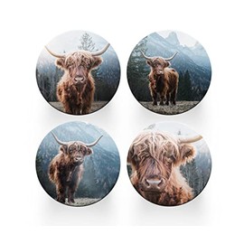 4 x Round Highland Cow Coasters - Animals Scottish Set Theme Women House Warming Circle Drinks Kitchen Table Decoration Décor Gift Home #77889