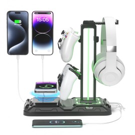 KDD KDD Headphone & Controller Stand with Wireless Charging - Rotatable Headset Stand with 9 Light Modes - Controller Holder with 2 USB and Type C Ports - for Gamers Desktop Accessories