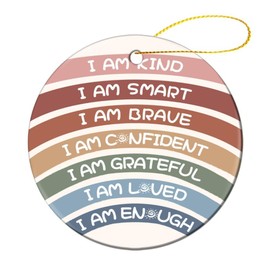 Inspirational Quote I Am Kind Smart Grave Confidence Grateful Loved Enough Christmas Ceramic Ornaments for Home Decor Xmas Tree Hanging Ornament Christmas Tree Decoration Gifts for Family Friends