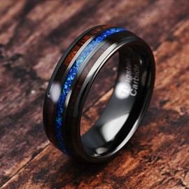 100S JEWELRY Gunmetal Tungsten Ring For Men Koa Wood Blue Opal Inlaid Wedding Band Promise Size 6-16 (tungsten, 9.5)