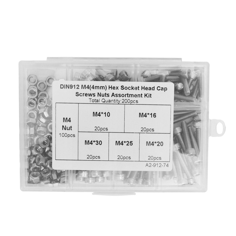 200Pcs Hex Socket Head Cap Screws Nuts Assortment Kit M4