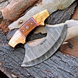 THE CUTS Ulu Knife Alaska Pizza Cutter Rocker Knife Mezzaluna Knife with Base, Classic Walnutwood and Sharp Damascus Steel Blades, Ideal for Chopping Herbs or Salads- Essential Kitchen Knives, Large