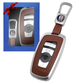 Yumzeco Zinc Alloy Car Leather Key Cover Compatible with 5'F10 5'F11 5'G30 1'F10 3'F30 3'F31 X3'F25 X4'F26 Key Case Cover KeyShell Smart with Keychain Keyless Silver and Brown