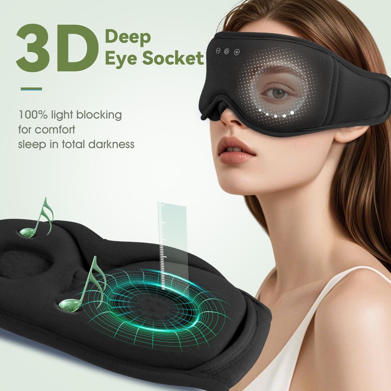 Schlafmaske, Kopfhörer, 3D, Bambus, Cotto, Schwarz, M