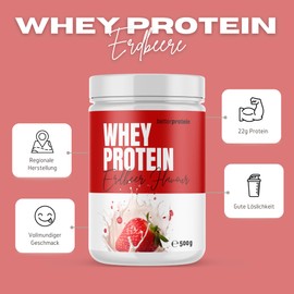 Whey Protein - Erdbeere 500g - Produziert in Deutschland aus regionaler Milch - BetterProtein® - Eiweißpulver zum Muskelaufbau und Abnehmen - Dose