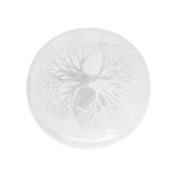 NKlaus Selenite Plate Round with Yin Yang Tree of Life