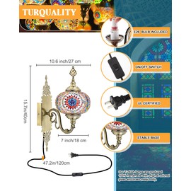 Baquler Turkish Moroccan Plug in Wall Sconce Lamp with 3.9Foot Cord Handmade Turkish Wall Sconce Lamp with Cut Glass Beads Decorated Brass Base Bohemian Moroccan Lights for Home(Colorful)