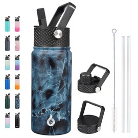BJPKPK Insulated Water Bottles with Straw Lid, 18oz Stainless Steel Metal Water Bottle, Cold Hot Thermo with 3 Lids, Leak Proof BPA Free Travel Cup, Wide Mouth Flasks, Thermo-Ocean