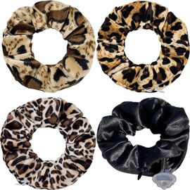 4Pcs Leopard Scrunchie with Zip Pocket, Large Fabric Scrunchies Elastic Ponytail Holders Hair Style Accessories for Women Girls