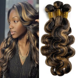 Dokksiiia Body Wave Human Hair Bundles P1B/27 Highlight Piano Color #1B and #27 Bundles Double Weft Brazilian Human Hair Extensions 14 16 18 Inch Silky and Soft for Black Women