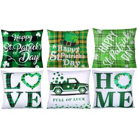 6 Pieces St Patrick's Day Pillow Covers 18 x 18 Inch Green Buffalo Lucky Clover Pillow Case Home Decor St Patricks Day Throw Pillows Cushion Decorative Cases for Sofa Couch Office Car Bedroom
