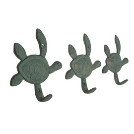 Wowser Green Sea Turtle Cast Iron Wall Hooks, Nautically Themed Wall Décor, Set of 3, 5.75 Inches