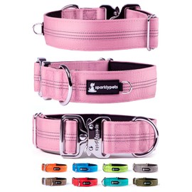 SparklyPets Heavy Duty Wide Dog Collar with Quick Release Chrome Buckle – Tactical Dog Collar with Reflective Stripes & Soft Lining – Thick Dog Collars for Large & Medium Dogs (Pink)