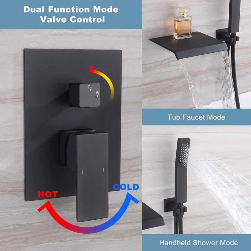 Waterfall Bathtub Faucet Set with Sprayer, Wall Mount Tub Spout