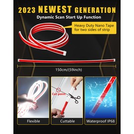 YM E-Bright Led Hood Light Strip Exterior Car Led Strip Light Waterproof Flexible DRL Dynamic Scan Start Up Hoodbeam Kit Daytime Running Lights For Car,Truck,Suv,12V 59inch,White,1 Set