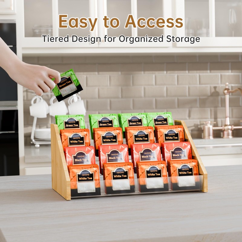 NiHome 4-Layer Tea Bag Organizer, Large Capacity Bamboo & Acrylic