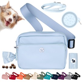 Puppington 3-in-1 Crossbody Dog Treat Pouch for Pet Training - Compostable Poop Bags, Built-in Poop Bag Dispenser, Slow-Feeding Travel Dog Bowl & Reflective Leash - Dog Walking Bag (Ice Blue)