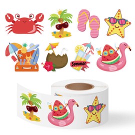 HoiSumma 500 Pcs Summer Stickers Roll Hawaii Tropical Beach Self Adhesive Labels Luau Party Favors Supplies Decor for Holiday DIY Crafts Gifts Scrapbook Bottles Computer Luggage Envelopes, 8 Designs