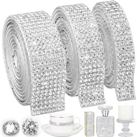 3 Rolls Self Adhesive Rhinestone Ribbon, 3 Yards Bling Rhinestone Tape Strips for Shoe Clothing DIY Crafts Cane Bottle Tumblers, Car Interior Wedding Party Decor Bedazzling Diamond Ribbon