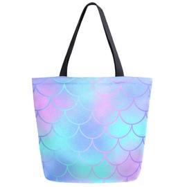ZzWwR Stylish Beautiful Mermaid Scale Extra Large Canvas Market Beach Travel Reusable Grocery Shopping Tote Bag Portable Storage HandBags