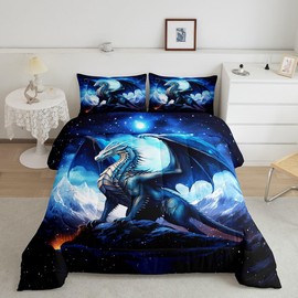 Dragon Comforter Set Queen Size,Snow Mountain Starry Sky Galaxy Bedding Set for Kids Boy Men Teens Room Decor,Glitter Star Trippy Duvet Insert 3Pcs,Western Magical Animal Blue Quilt Set,2 Pillowcases