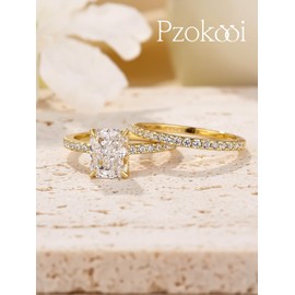 1.5ct Radiant Cut Wedding Ring Set for Women,Simulated Diamond Bridal Ring Set in 18K Yellow Gold Plated 925 Sterling Silver(Size:7.5)