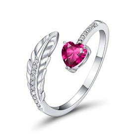 PEARLOVE Silver Feather Ring, Birthstone Open Finger Rings for Women Girls Adjustable Size 6-12
