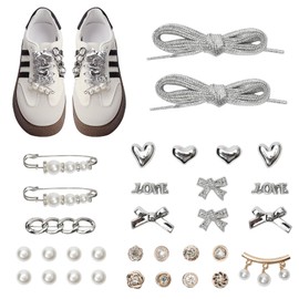 Bellaqueo 32Pcs Bling Silver Shoe Charms for Sneakers, Shoe Lace Clips, DIY Junk Sock Charms Kits for Women