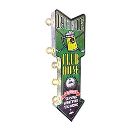 19th Hole Golf & Beer Clubhouse LED Sign, Large 25" Double Sided Arrow Sign with Large Marquee Style LED Light Bulbs, Battery Operated Wall Decor with A Retro Distressed Design