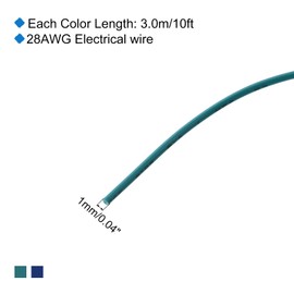 sourcing map 28 Gauge PVC Hookup Wire 3.0m/10ft 28AWG Flexible Electrical Wire UL1007 Tinned Copper Stranded Blue Green, 1mm Dia for Model Aircraft Electric Appliances Internal Connect