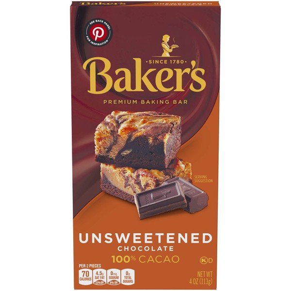 Baker's Premium Unsweetened Chocolate Baking Bar, 4 Ounce (Pack of 12)