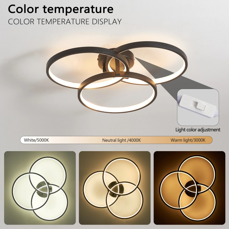 Ship in USA.20" Modern Black LED Ceiling Light, 3-Ring Flush