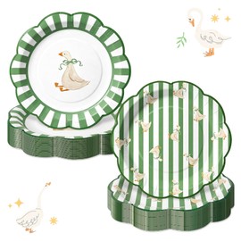48 Pcs Silly Goose Paper Plates, Sage Green Stripe, 9 Inch