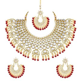 I Jewels Girls Stylish Indian Bollywood Wedding Party Wear Faux Kundan Pear Beaded Ethnic Necklace With Earrings & Maang Tikka Jewelry Set (K7077M) Maroon