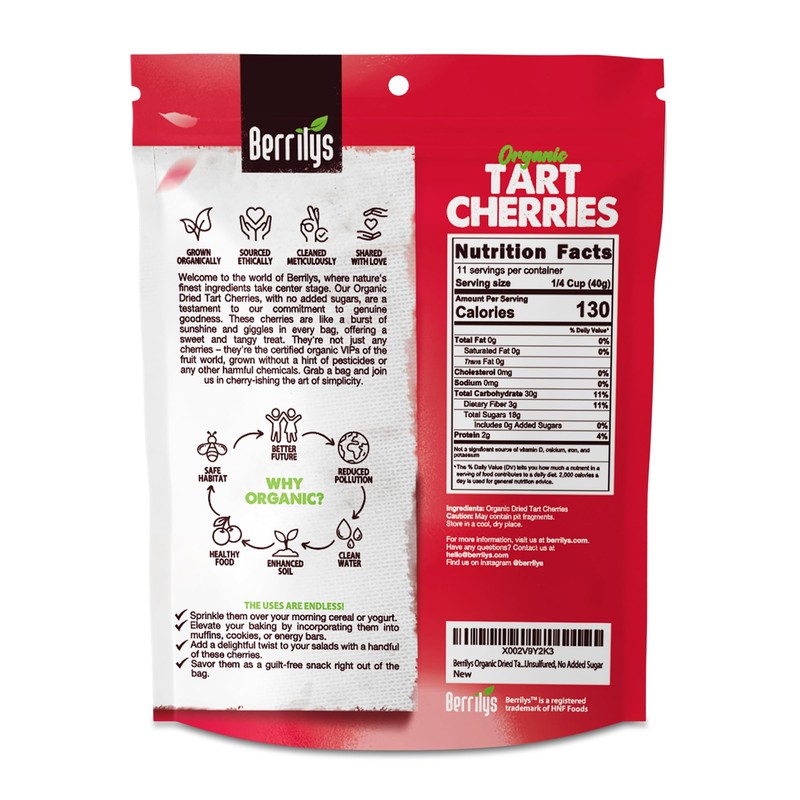 Berrilys Organic Unsweetened Dried Tart Cherries 1 lb, (16 oz)