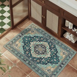 Small 2x3 Area Rugs-Machine Washable Kitchen Rug-Indoor Door Mat-Non Slip Low Pile Carpet for Entryway Bathroom Laundry Vintage Boho Carpet Teal