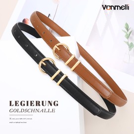 VONMELLI Set of 2 Slim Belts Women's Waist Belt Brown Black Thin Leather Belt for Jeans & Business, Black and brown