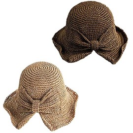 2 Pack Foldable Wide Brim Floppy Straw Sun Hat Summer Beach Hat for Women Girl (Coffee & Khaki)