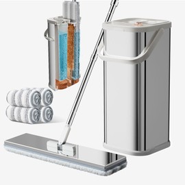 SWIFTIRON Separates Dirty Water Mop and Bucket, Flat Mop and Bucket for Home with Extra Refills, Stainless Steel Mop and Bucket with Wringer (Mop and Bucket with 4 Pads)