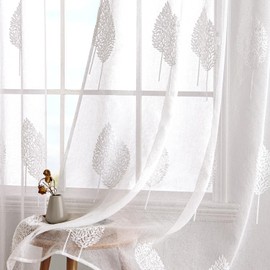 MIULEE Curtains with Ruffle Tape, Living Room White Leaves Pattern, Beautiful Embroidery Curtain, Set of 2, Modern Bedroom Window, H 225 x W 140 cm