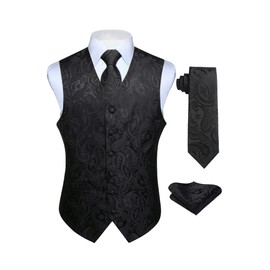 Enlision Mens Black Paisley Vest Classic Floral Jacquard Vests and Necktie Pocket Square Set Formal Dress Waistcoat for Suit or Tuxedo