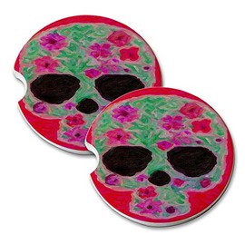 Elements of Space Sugar Skull Painting - Car Cup Holder Natural Stone Drink Coaster Set