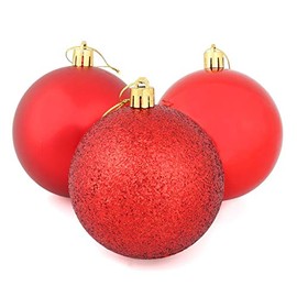 Mr Crimbo Set Of 9 Medium Round Christmas Tree Baubles Shiny Mirrored Matt Glittery, Red 8cm