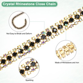 M METERXITY 2-Pack Crystal Rhinestone Close Chain Trim, 3 Rows 1 Yard Dress Embellishments, Sparkly Diamond Strips Applique Embellishment for Craft/Sewing/Wedding [Gold-Based AB Black]
