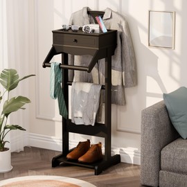 Brefhome Wooden Valet Stand with Drawer & Tray, Clothing Rack for Men Women, Modern Garment Rack for Entryway, Bedroom, Commercial, Black (Tray + Drawer)