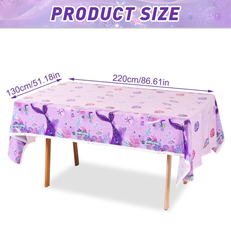 Mermaid Tablecloth - 3PCs, Purple w/ Mermaid Design - Birthday/Baby